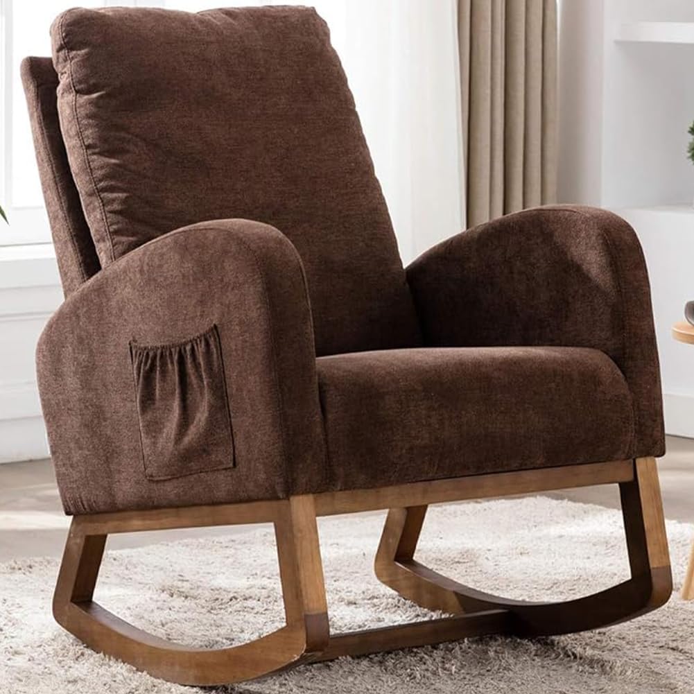 Poltrona a Dondolo in Tessuto con Struttura in Legno Resistente£¬Sedia Ergonomica Relax Deluxe Premium Dondolante Ideale Soggiorno£¬Camera da Letto£¬Ufficio£¬Cameretta£¬Salotto (Marrone)