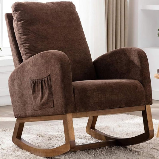 Poltrona a Dondolo in Tessuto con Struttura in Legno Resistente£¬Sedia Ergonomica Relax Deluxe Premium Dondolante Ideale Soggiorno£¬Camera da Letto£¬Ufficio£¬Cameretta£¬Salotto (Marrone)