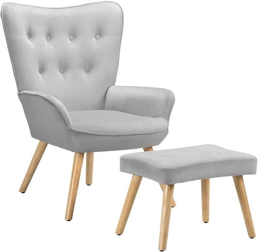 Poltrona con Sgabello da Soggiorno£¬Poltroncina con Pouf Poggiapiedi da Salotto£¬Sedia per Camera da Letto Imbottita con Rivestimento in Velluto Morbido£¬Braccioli Alti£¬Design Moderno (Grigio)