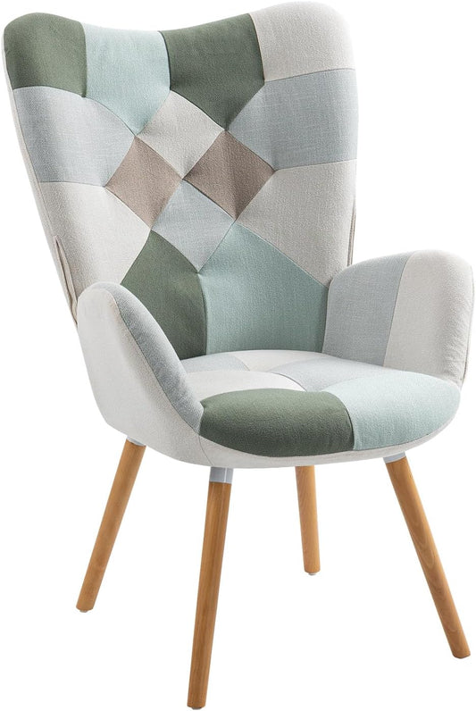 Poltrona Patchwork Imbottita Sedia da Salotto con Braccioli Poltroncina Relax in Tessuto con Schienale Alto Gambe in Legno per Camera da Letto Soggiorno