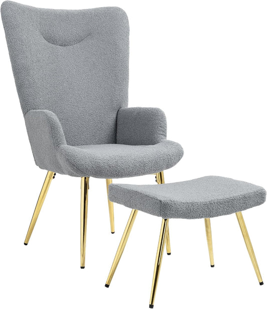 Poltrona con poggiapiedi poltrona lounge poltrona da lettura con gambe in acciaio dorato£¬schienale alto e tessuto bouclette£¬per soggiorno camera da letto grigio