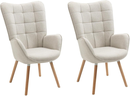 Set di 2 Poltrona Imbottita Scandinavia Sedia da Salotto con Braccioli Poltroncina Relax in Tessuto con Schienale Alto Gambe in Legno per Camera da Letto Soggiorno£¬Beige£¬66x64x106cm